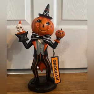 Ghoulish Halloween Pumpkin Figurine - Orange and Black